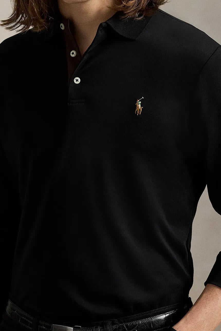 Ralph Lauren Polo a maniche lunghe in morbido cotone Custom Slim Fit – Nero, vista 3