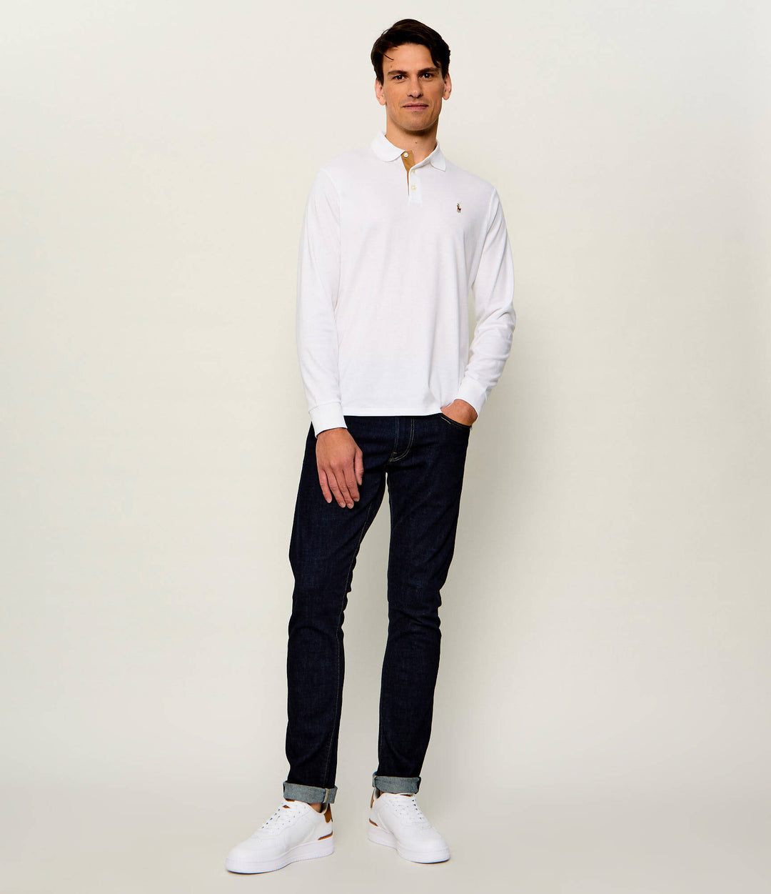 Ralph Lauren Polo a maniche lunghe in morbido cotone Custom Slim Fit – Bianco, vista 3