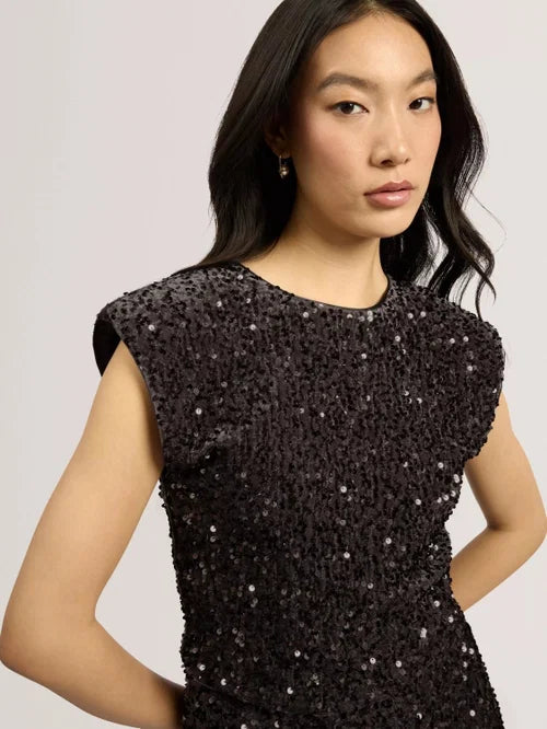 Ted Baker Vielie Velvet-Sequin-Top mit Strukturierten Schultern | Dunkelgrau – alternative Ansicht 3