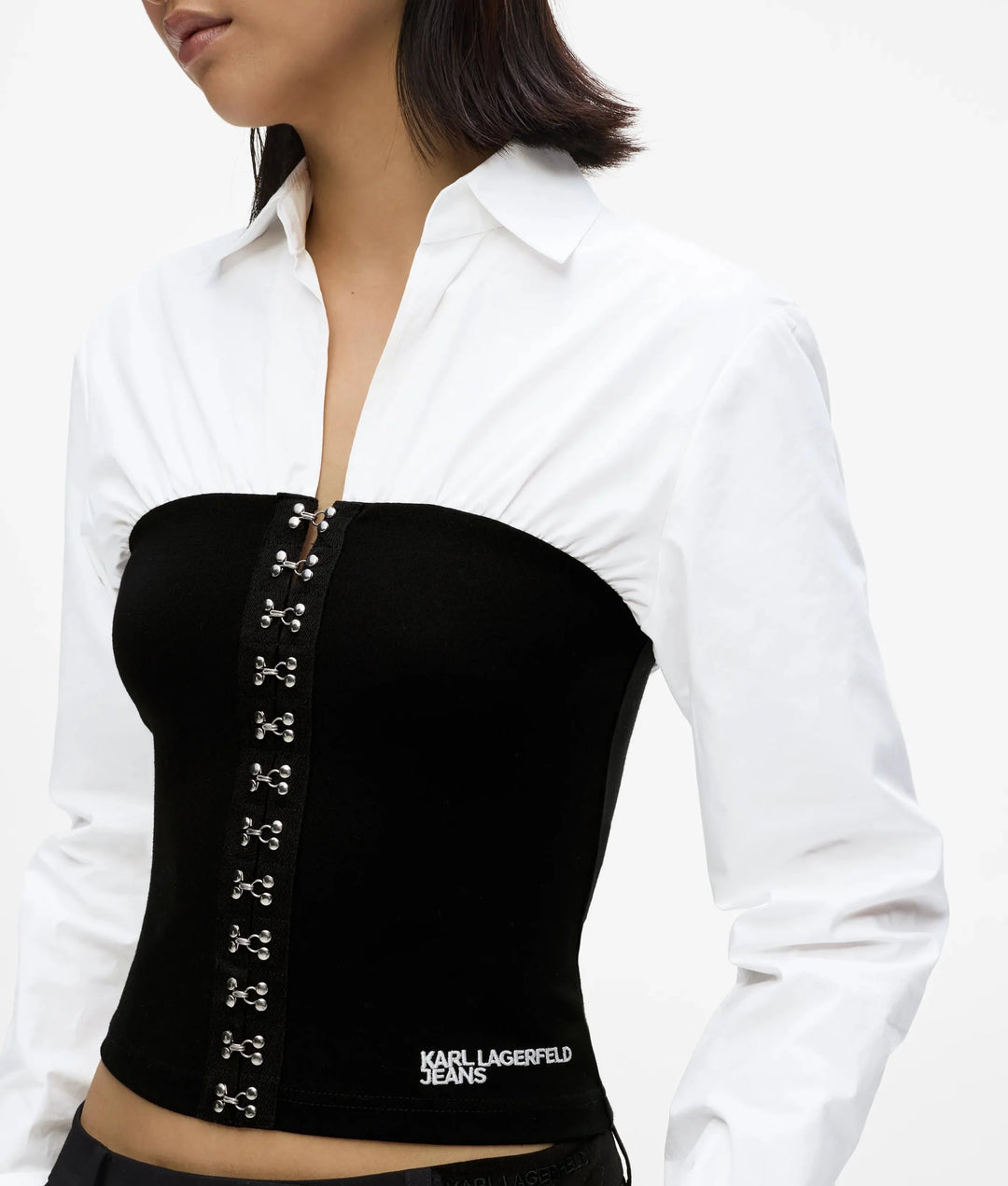 Karl Lagerfeld Blusa Popeline Dettaglio Corsetto, Bianco/Nero - vista alternativa 2