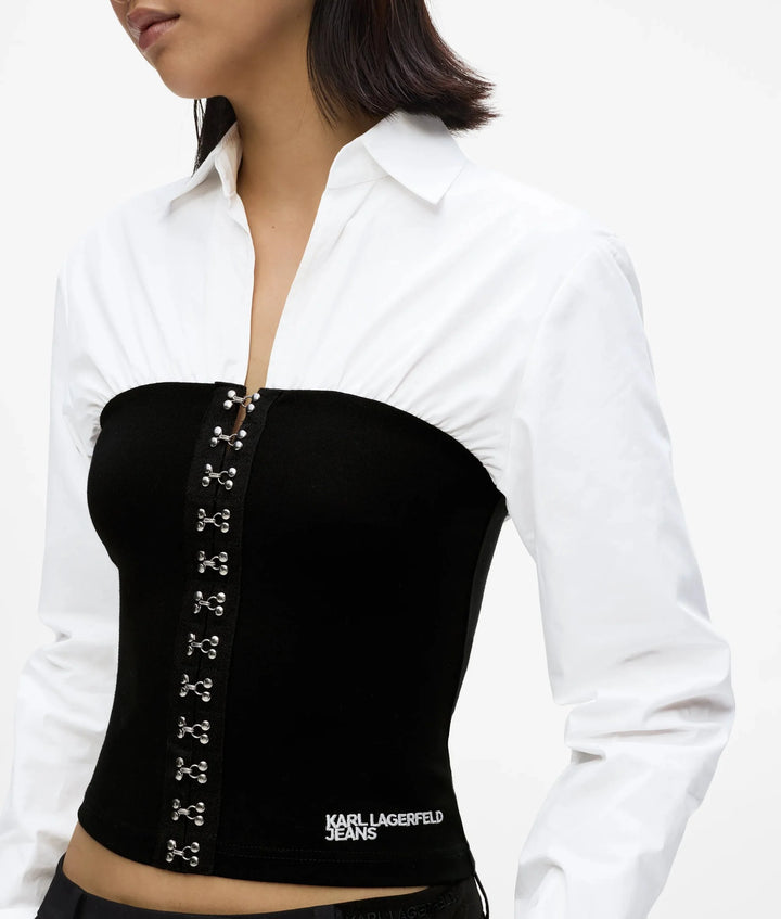 Karl Lagerfeld Blusa Popeline Dettaglio Corsetto, Bianco/Nero - vista alternativa 2