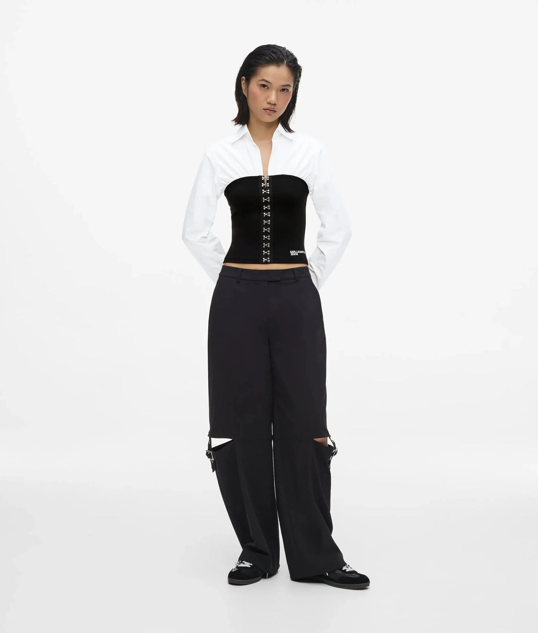 Karl Lagerfeld Blusa Popeline Dettaglio Corsetto, Bianco/Nero - vista alternativa 3