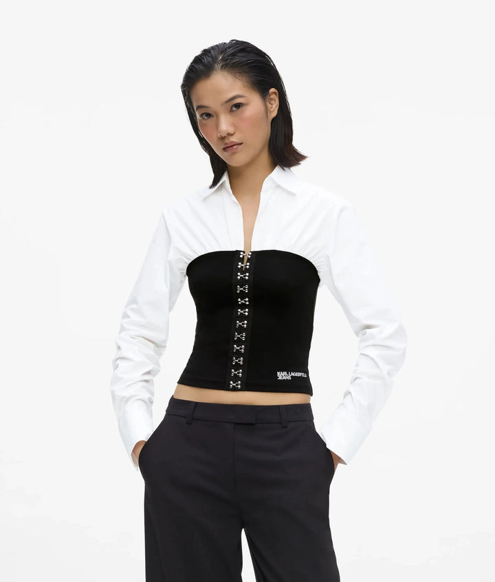 Karl Lagerfeld Blusa Popeline Dettaglio Corsetto, Bianco/Nero - vista frontale