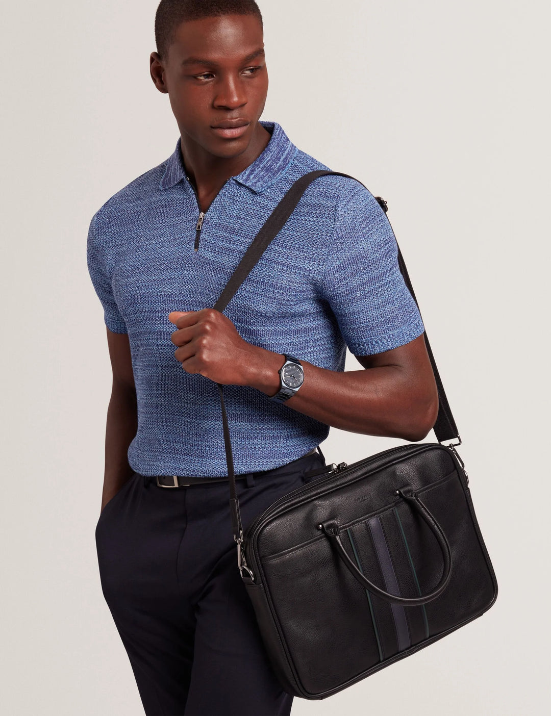 Ted Baker Kenriik Faux Leather Striped Panel Laptop Bag | Black