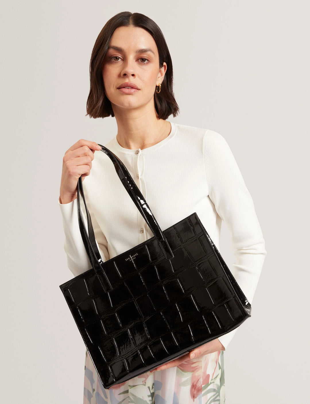 Ted Baker Welona Patent Croc Effect Elongated Icon Tote Bag | Black