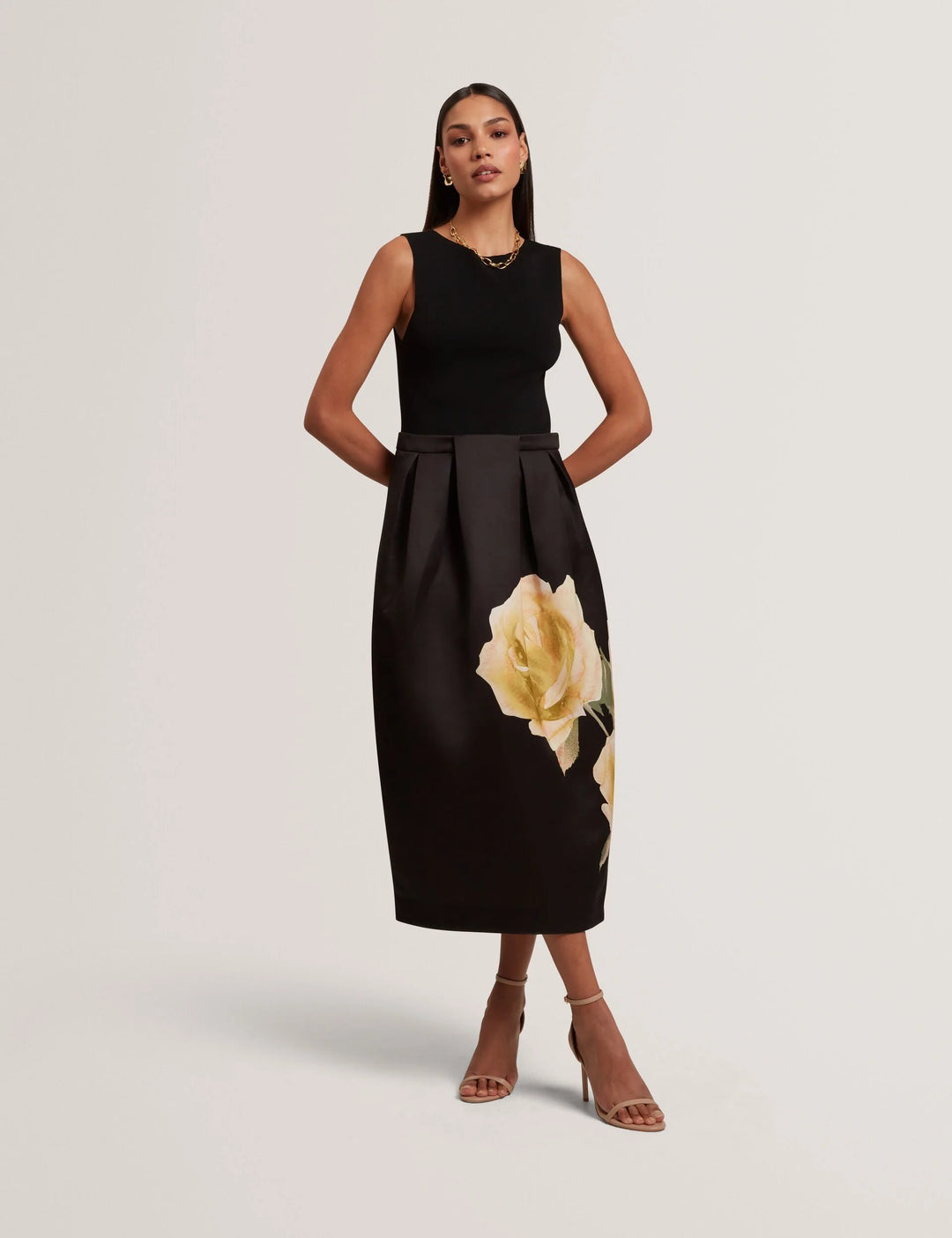 Ted Baker Verinie Rose Print Sleeveless Midi Dress | Black