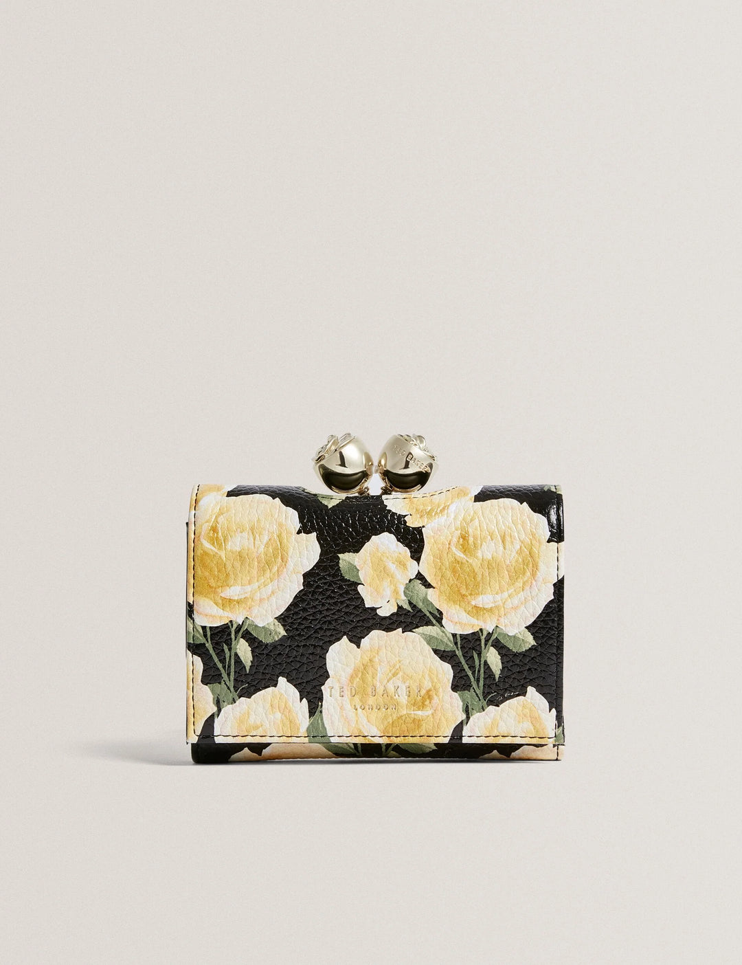 Ted Baker Albo Rose Print Bobble Clasp Leather Trifold Purse | Black