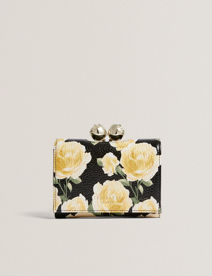 Ted Baker Albo Rose Print Bobble Clasp Leather Trifold Purse | Black
