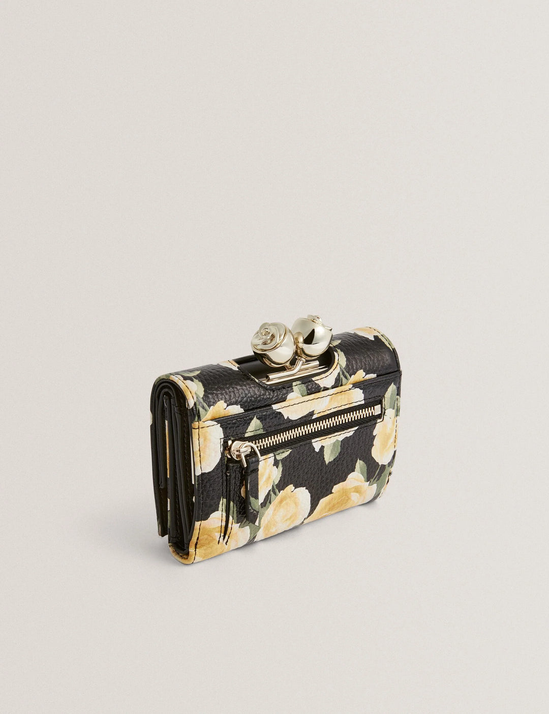 Ted Baker Albo Rose Print Bobble Clasp Leather Trifold Purse | Black