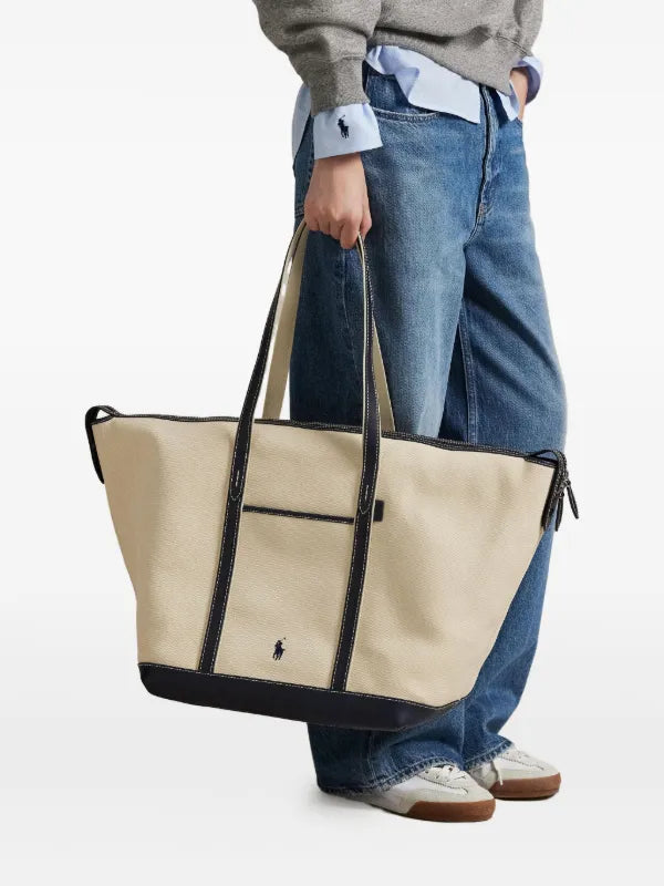 Ralph Lauren Bellport Leather-trimmed Canvas Tote Bag | Ecru/Navy