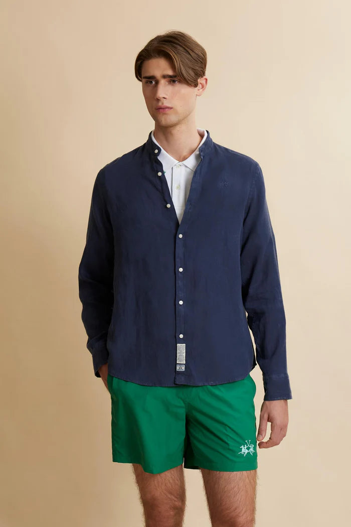 Ανδρικό πουκάμισο La Martina από λινό με βαμμένο στο ύφασμα γιακά | Μπλε ναυτικό