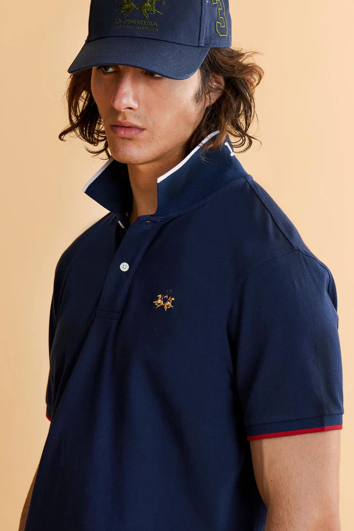 Polo de piqué elástico de corte regular para hombre de La Martina, modelo Essential | Azul marino