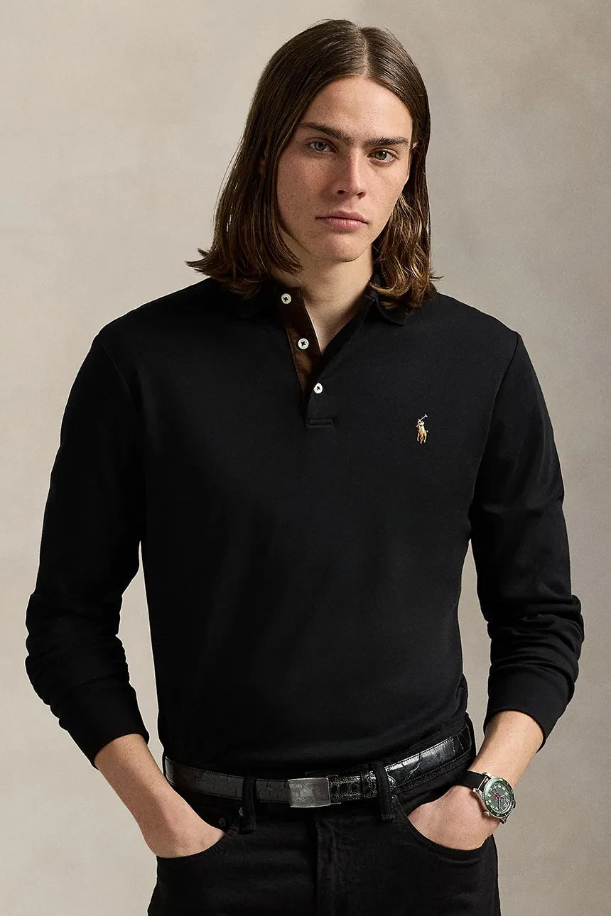 Ralph Lauren Custom Slim Fit Langarm-Polo aus weicher Baumwolle – Schwarz, Ansicht 1