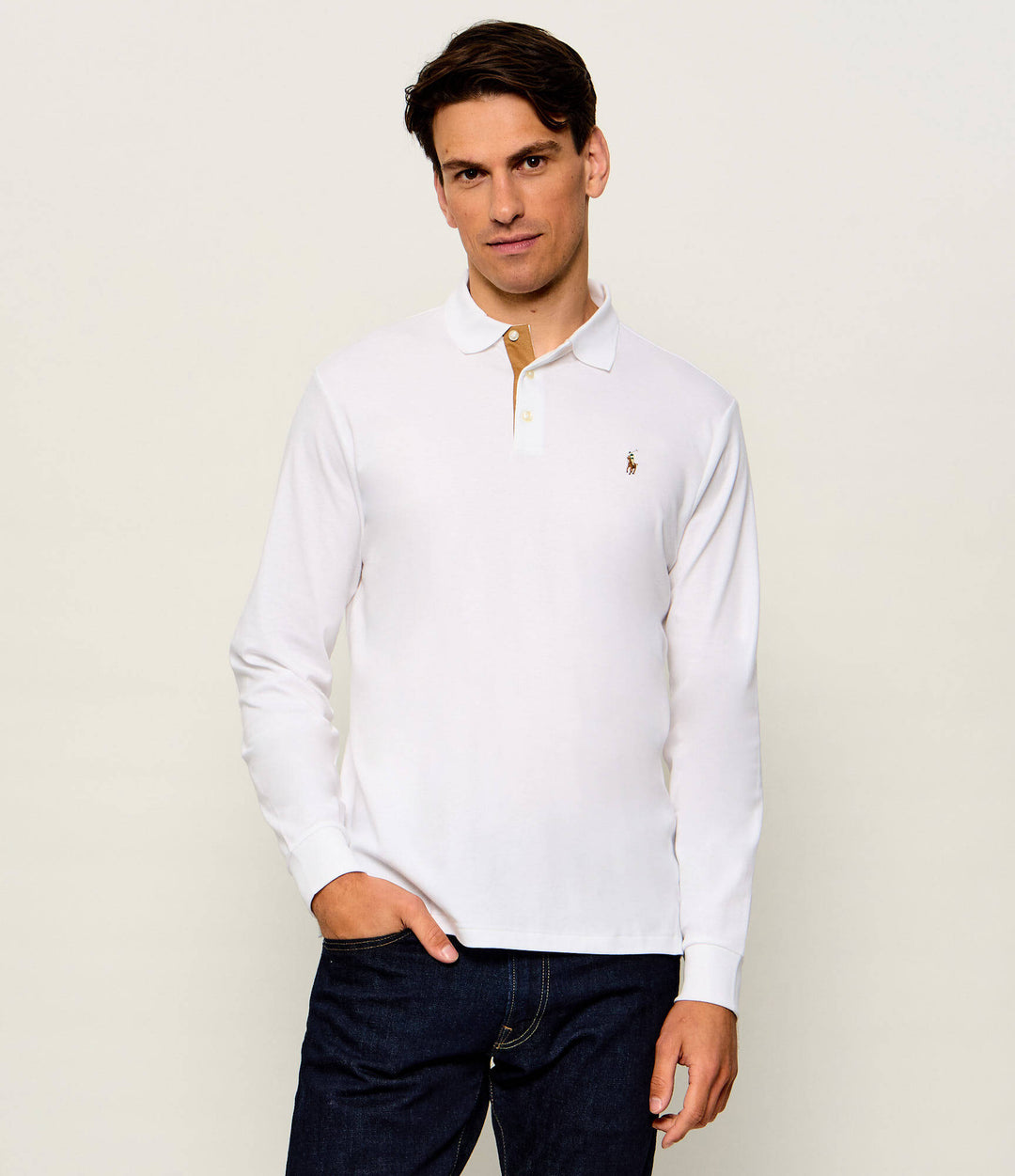 Ralph Lauren Μακρυμάνικη βαμβακερή polo Custom Slim Fit – Λευκό, όψη 1