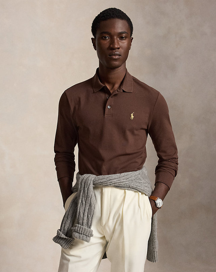 Custom Slim Fit Langarm-Polo aus Stretch-Mesh Ralph Lauren | Nutmeg Brown/Smoke, Ansicht 1