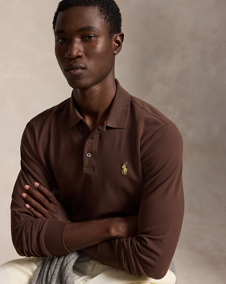 Custom Slim Fit Langarm-Polo aus Stretch-Mesh Ralph Lauren | Nutmeg Brown/Smoke, Ansicht 1