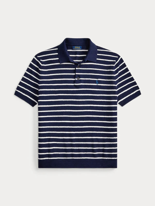 Ralph Lauren Regular Fit Striped Cotton and Linen Polo | Bright Navy
