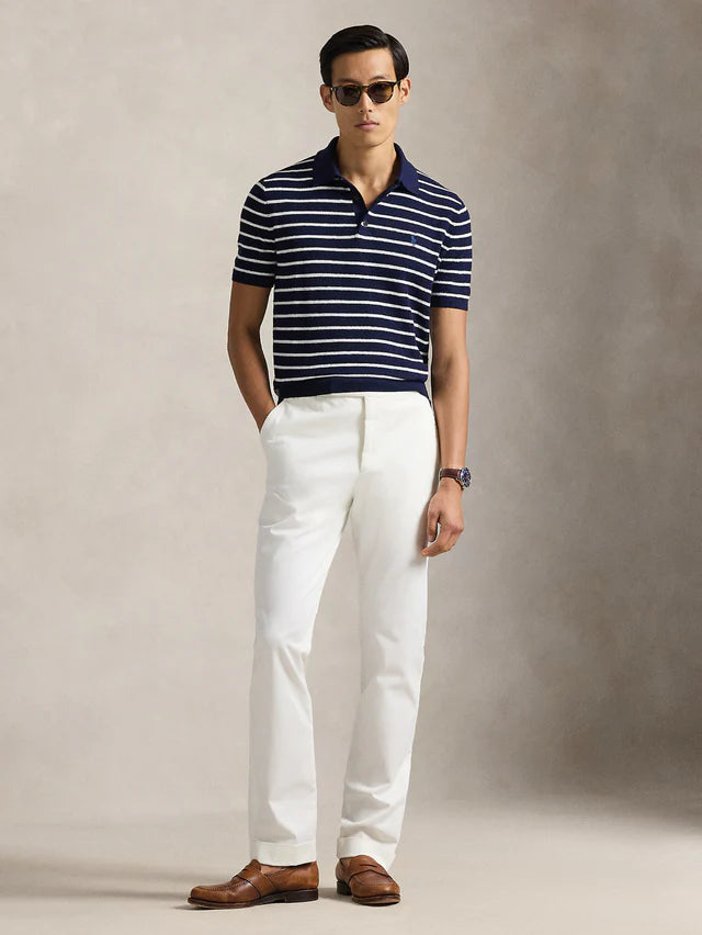 Ralph Lauren Regular Fit Striped Cotton and Linen Polo | Bright Navy