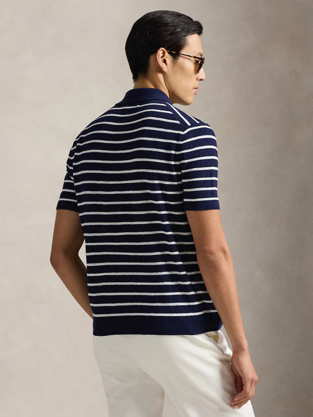 Ralph Lauren Regular Fit Striped Cotton and Linen Polo | Bright Navy