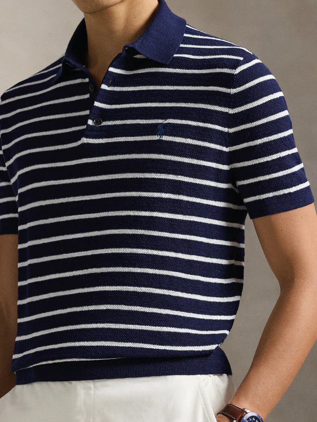 Ralph Lauren Regular Fit Striped Cotton and Linen Polo | Bright Navy