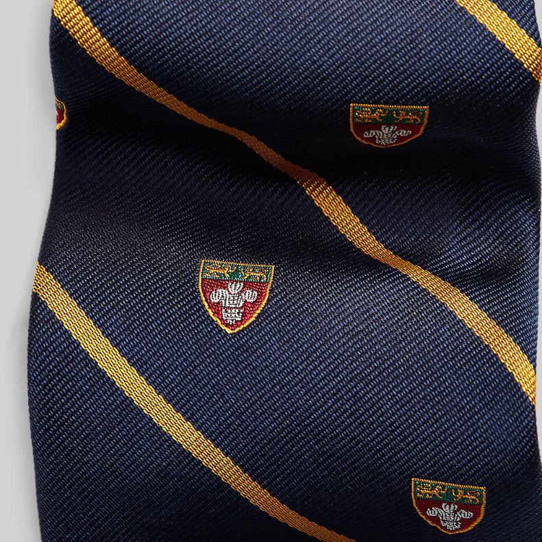 Ralph Lauren Gestreifte schmale Club-Krawatte aus Seidenrepp – Marineblau, Ansicht 3