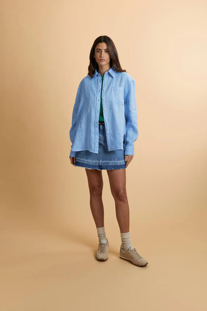 Γυναικείο λινό πουκάμισο La Martina βαμμένο στο ύφασμα με κεντημένη τσέπη | Μπλε Ριβιέρα
