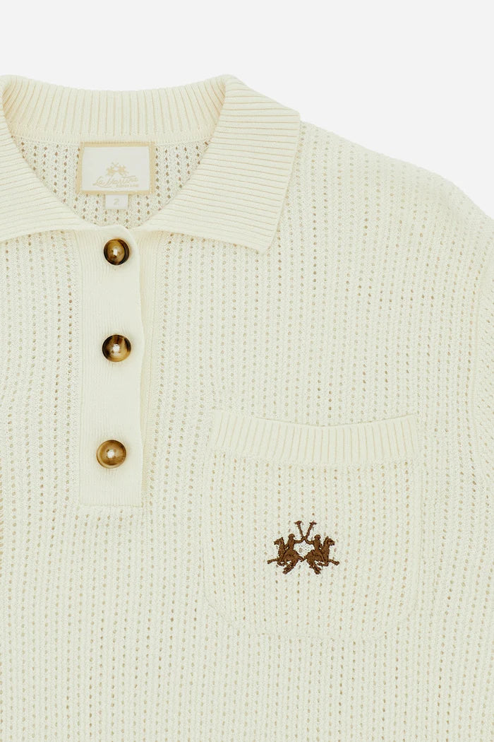 Polo da donna La Martina in maglia traforata con tasche | Bianco sporco