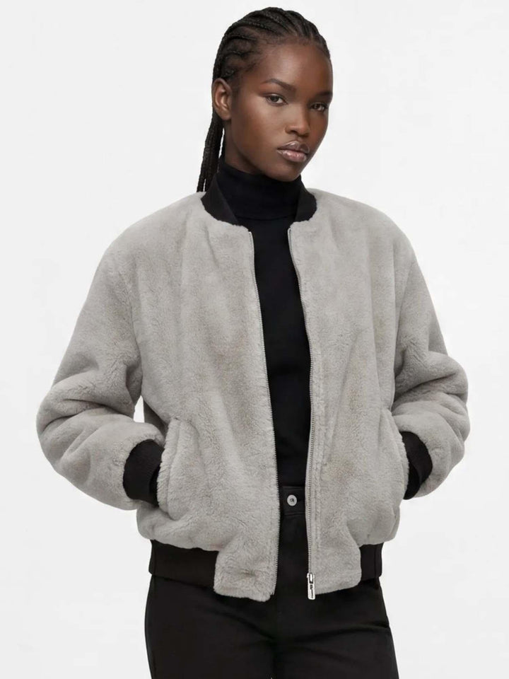 Karl Lagerfeld Reversible Faux-Fur Bomber Jacket | Black/Egret