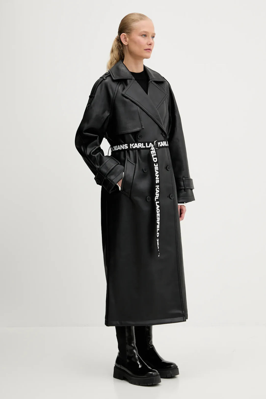 Karl Lagerfeld Faux Leather Trench Coat | Black