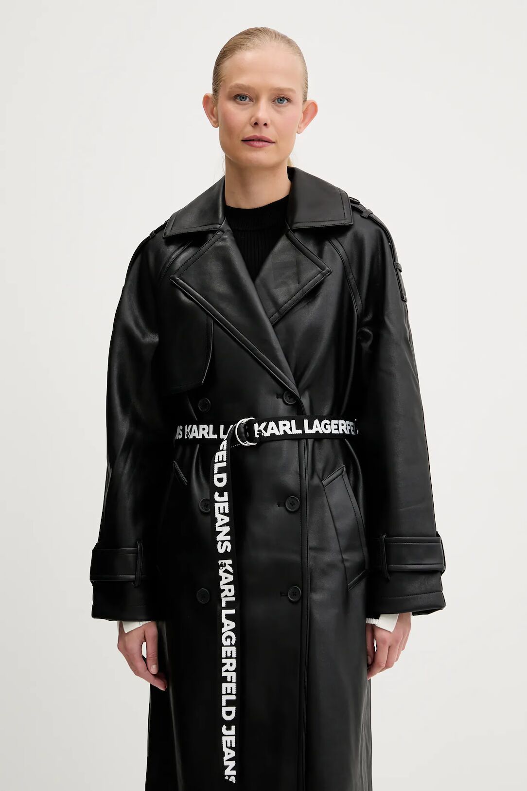 Karl Lagerfeld Faux Leather Trench Coat | Black