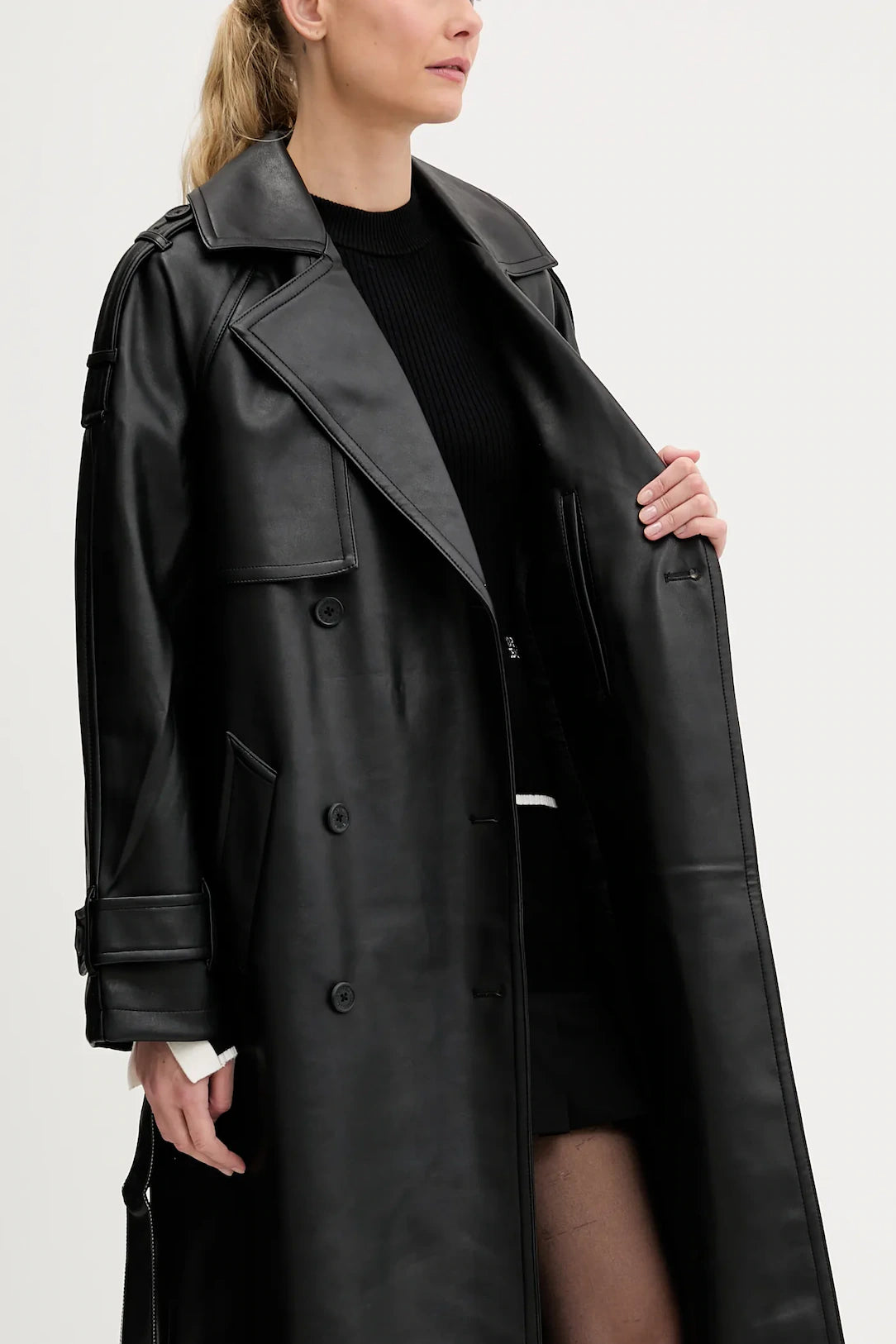 Karl Lagerfeld Faux Leather Trench Coat | Black