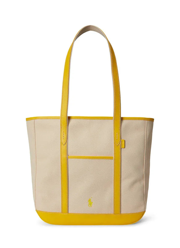 Τσάντα Shopper Tote μεσαίου μεγέθους από καμβά με δερμάτινες λεπτομέρειες Ralph Lauren | Εκρού/Κίτρινο
