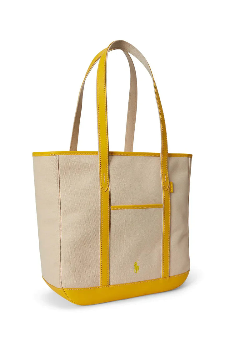 Ralph Lauren Leather-Trim Canvas Medium Shopper Tote Bag | Ecru/Yellow