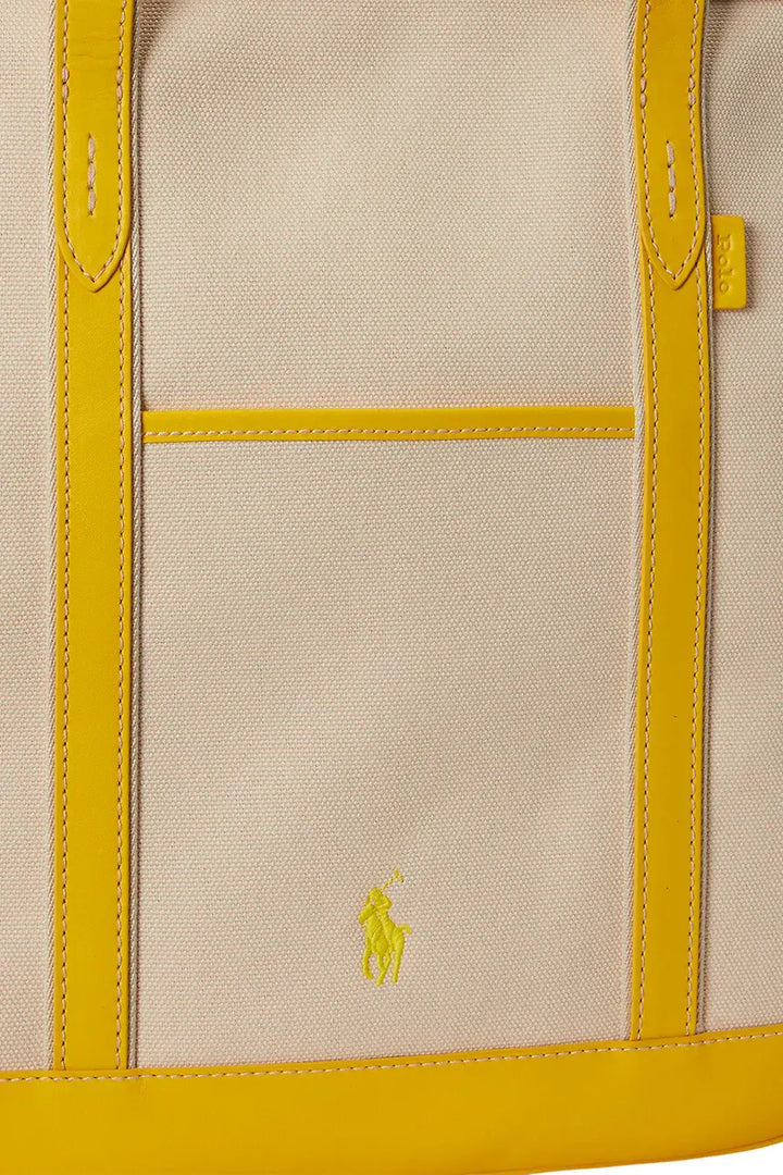 Ralph Lauren Leather-Trim Canvas Medium Shopper Tote Bag | Ecru/Yellow