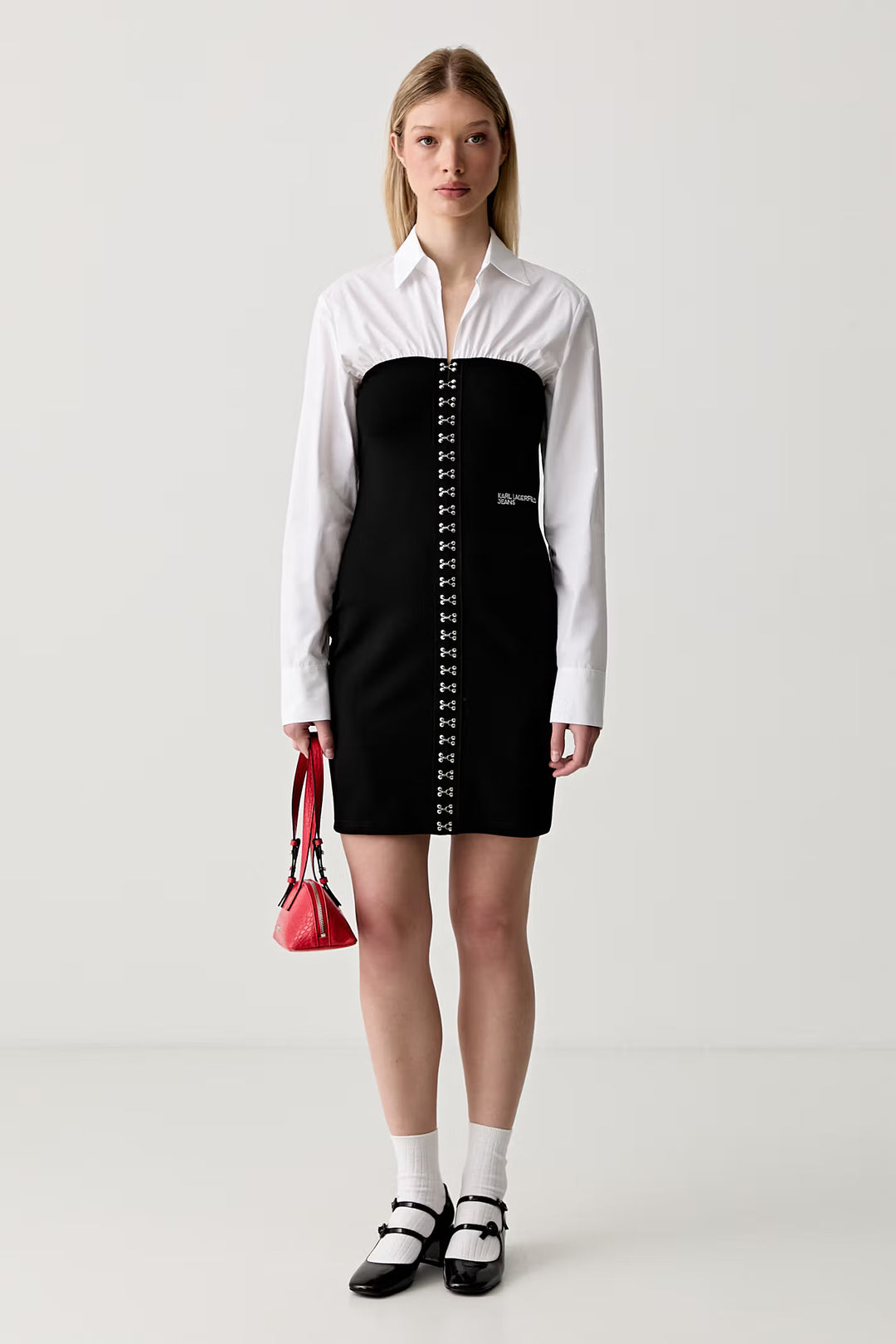 Karl Lagerfeld Mixed Poplin Dress | White/Black