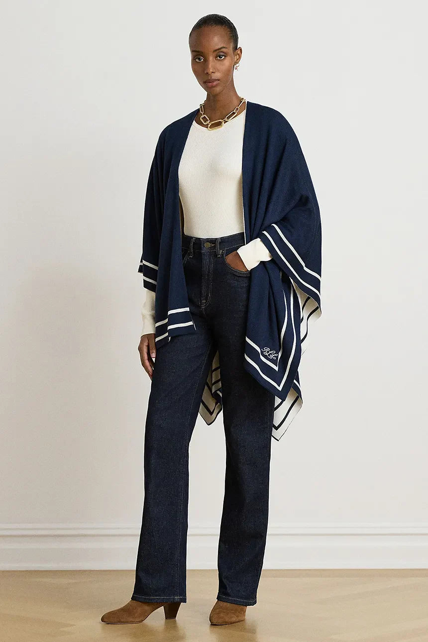 Poncho de mujer Lauren Ralph Lauren de mezcla de lana Azul Marino/Crema – vista alternativa