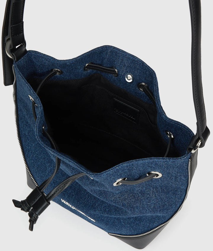 Karl Lagerfeld Rebel Denim and Faux-Leather Bucket Bag | Dark Blue/Black