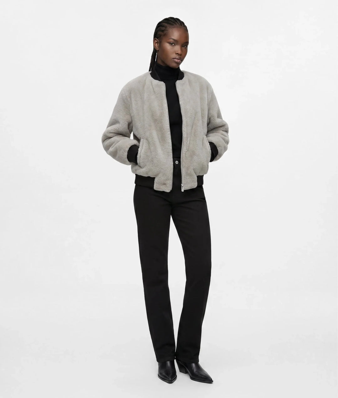 Karl Lagerfeld Reversible Faux-Fur Bomber Jacket | Black/Egret