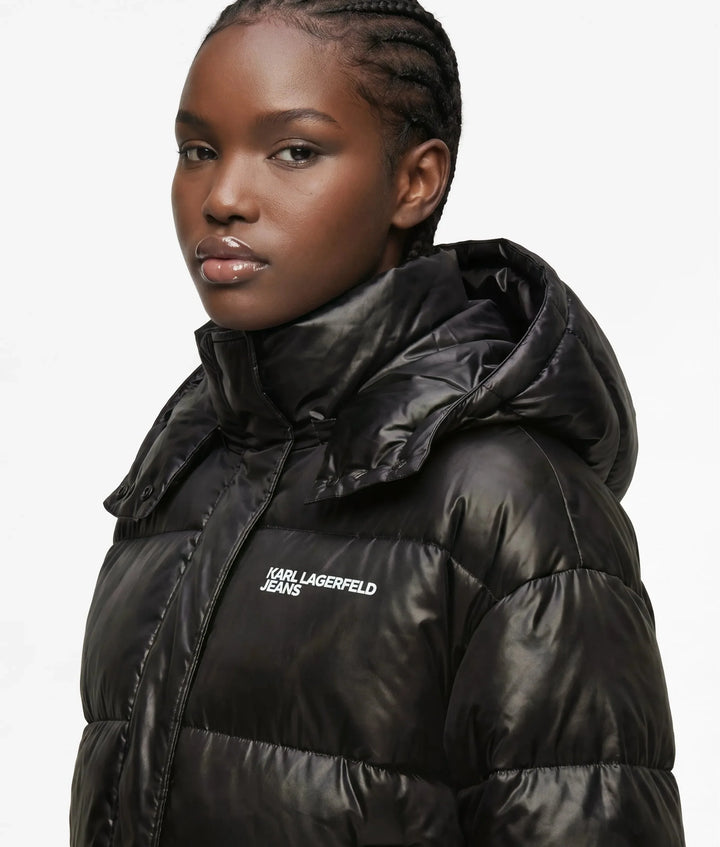 Karl Lagerfeld Cropped Shiny Puffer Jacket | Black