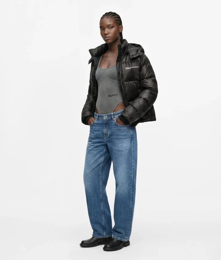 Karl Lagerfeld Cropped Shiny Puffer Jacket | Black