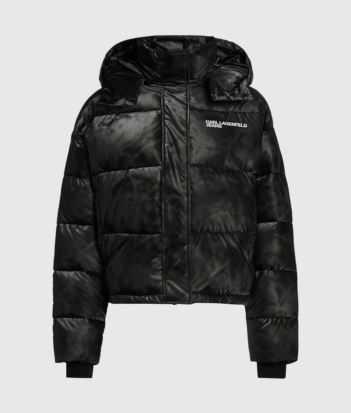 Karl Lagerfeld Cropped Shiny Puffer Jacket | Black