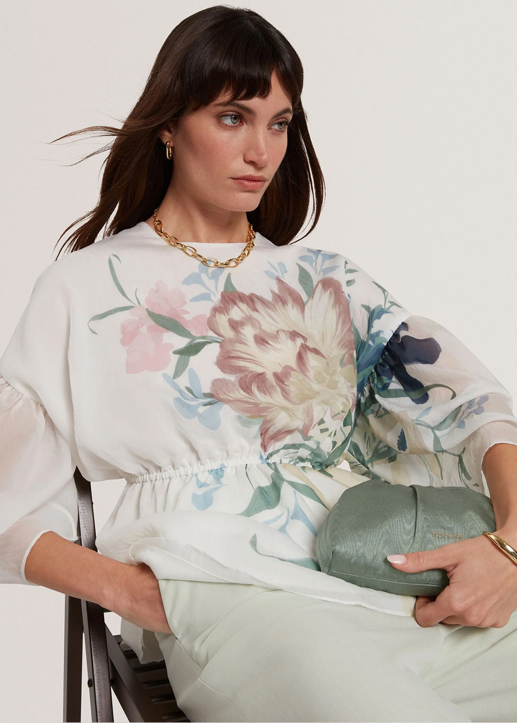 Haut à basques et manches bouffantes Soft Blooms de Ted Baker | Ivoire