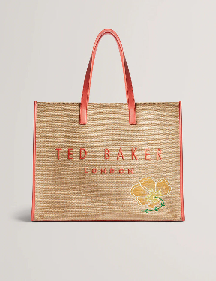 Ted Baker Floraff Floral Applique Extra Large Raffia Icon Bag | Orange