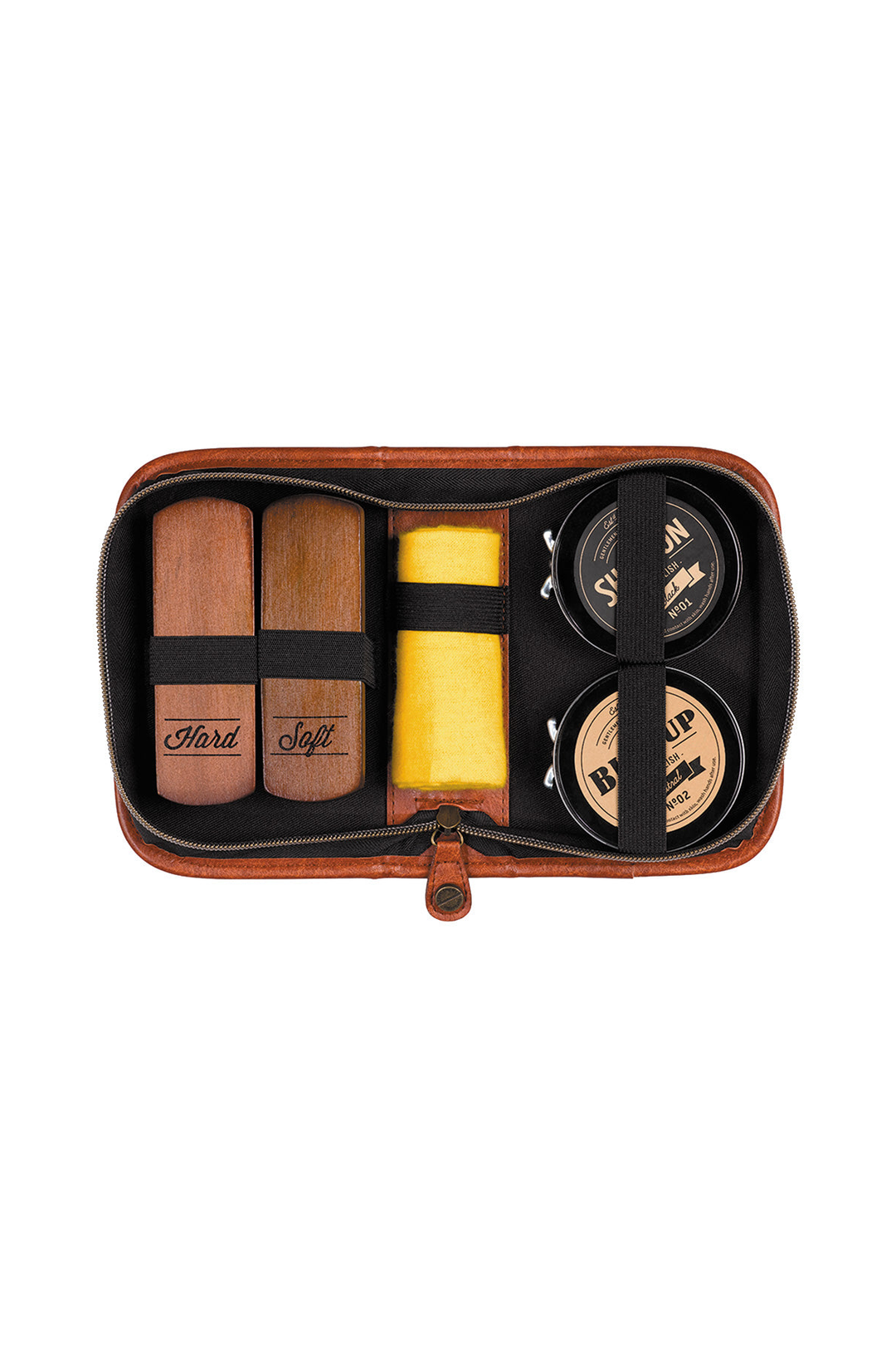 Gentlemen's Hardware shoe care kit — open case with brushes, cloth and polish tins