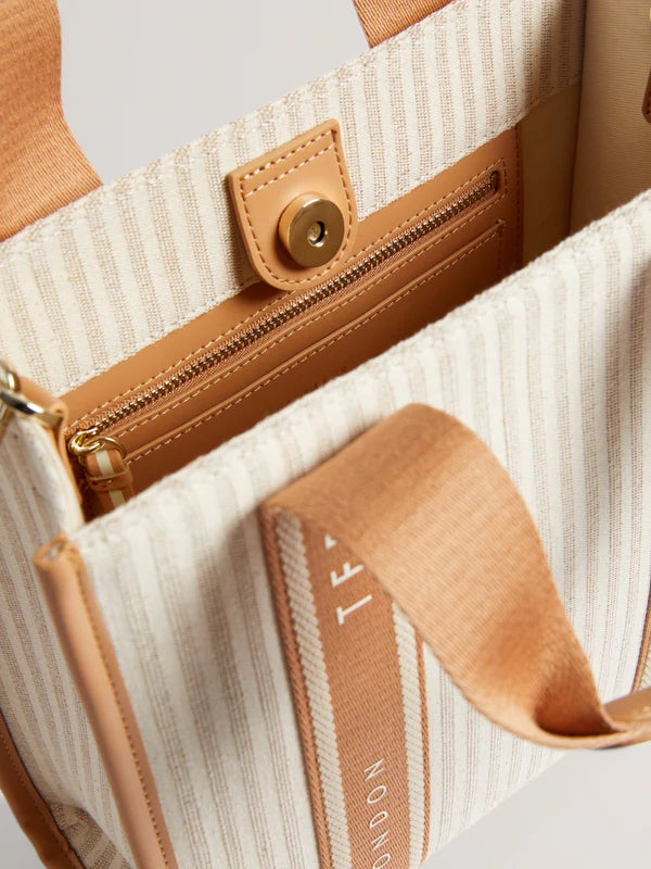 Ted Baker Harlee Striped Small Canvas Webbing Tote Bag | Camel
