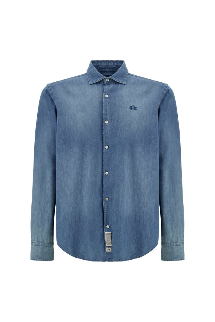La Martina MAC028-DM111 cotton denim shirt in Medium Indigo Denim, front view