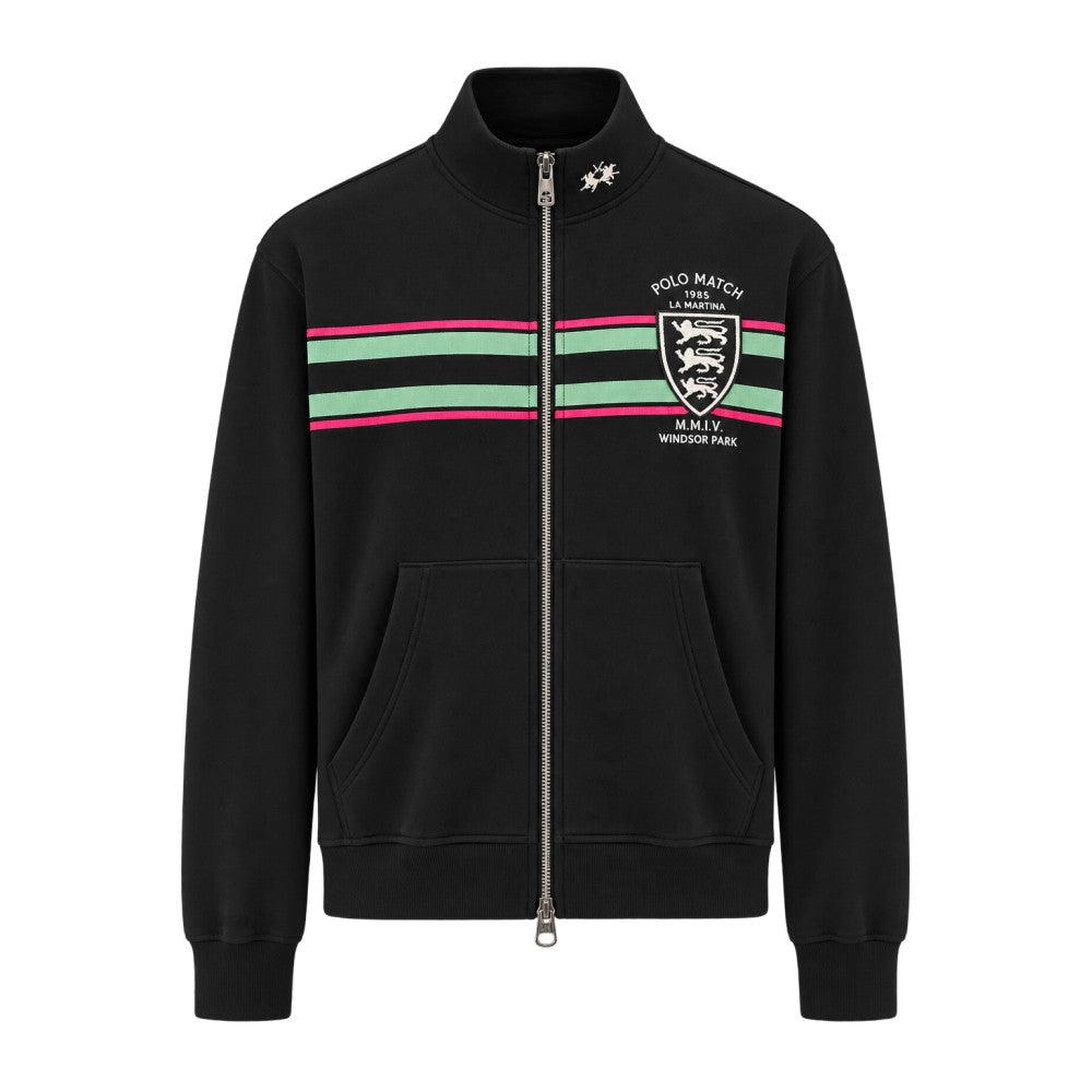 La Martina MDF309-FP564 schwarze Baumwoll-Sweatjacke mit Reißverschluss, Vorderansicht