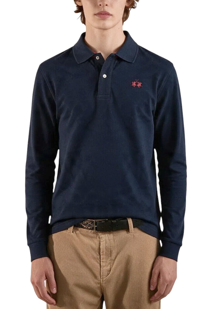 La Martina Langarm-Poloshirt aus Baumwolle, Marineblau (MDP014-PK203), Vorderansicht am Model