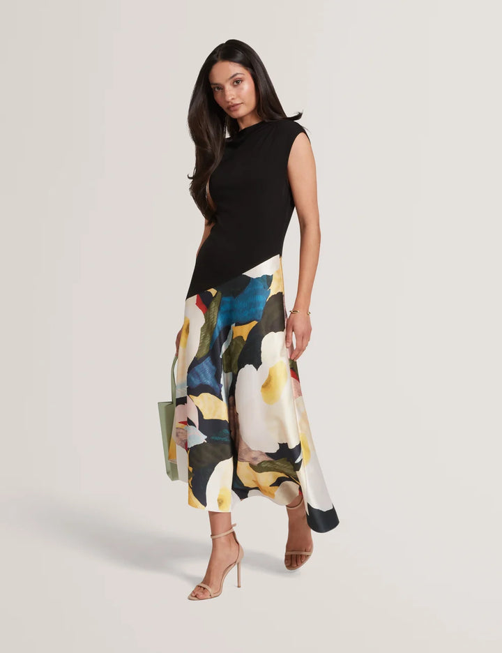 Ted Baker Aeslyn Printed Jersey Midi Dress With Satin Skirt | Black