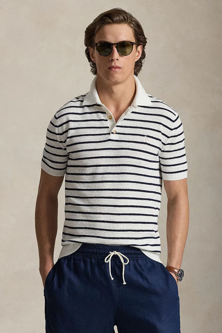 Ralph Lauren Regular Fit Striped Cotton and Linen Polo | White